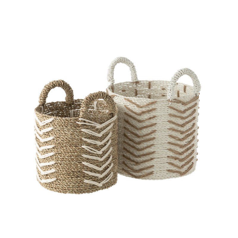 Set de 2 paniers avec chevrons en raphia blanc et naturel 32x32x30cm Set de 2 paniers avec chevrons en raphia blanc et naturel 32x32x30cm