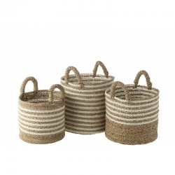 Conjunto de 3 cestas rayadas de rafia blanca y natural de 31 a 42 cm de diámetro