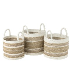 Conjunto de 3 cestas rayadas de rafia blanca y natural de 35 a 42 cm de diámetro