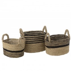 Conjunto de 3 cestas a rayas de rafia negro y natural de 30 a 45 cm de altura
