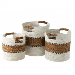 Conjunto de 3 cestas a rayas de rafia negra y natural de 31 a 40 cm de diámetro