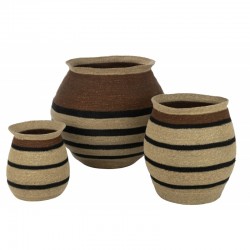 Tres cestas redondas de madera natural de 65x65x57 cm