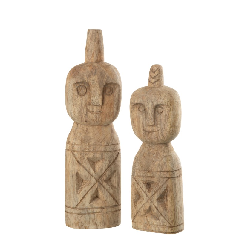 Set de 2 personnages africain sculpté en bois naturel 12x8x41 cm