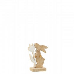 Lapin avec fleur en bois blanc 10x5x15 cm