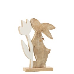 Lapin avec fleur en bois blanc 21x5x26 cm