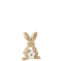 Lapin synthétiquezzle avec fleur en bois blanc 10x3x15 cm