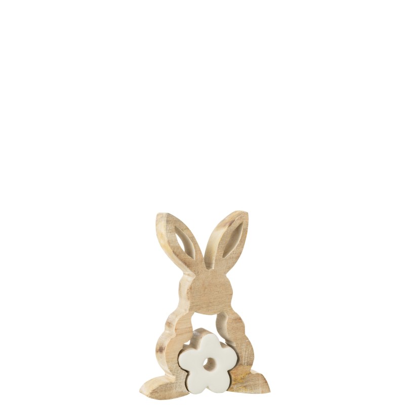 Lapin synthétiquezzle avec fleur en bois blanc 10x3x15 cm