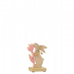 Lapin avec fleur en bois rose 14x11x5 cm