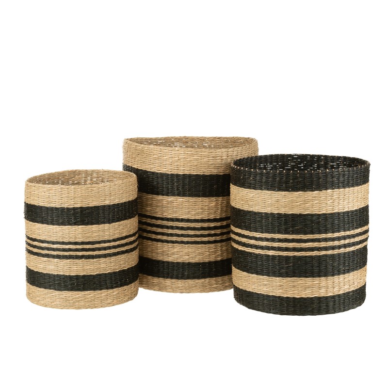 Set de 3 paniers empilables en raphia noir 40x40x40 cm