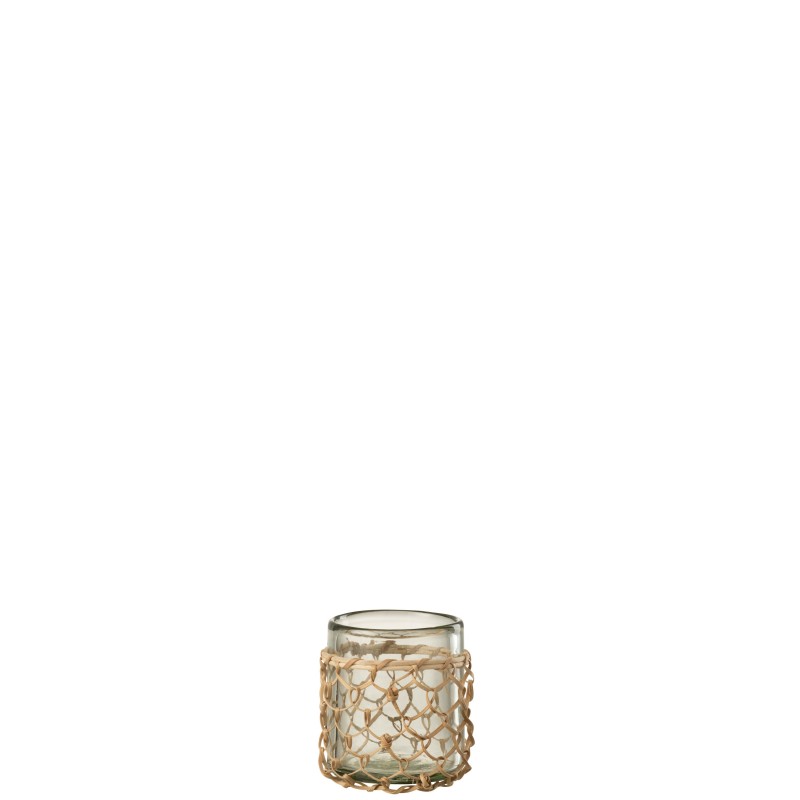 Photophore avec filet rotin en verre transparent 9x9x10 cm Photophore avec filet rotin en verre transparent 9x9x10 cm