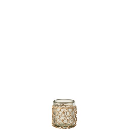 Photophore avec filet rotin en verre transparent 9x9x10 cm