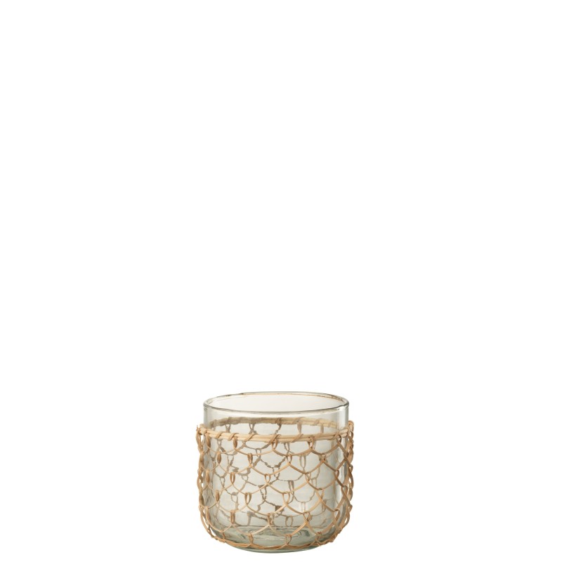 Photophore avec filet rotin en verre transparent 13x13x13 cm Photophore avec filet rotin en verre transparent 13x13x13 cm