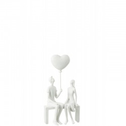 Couple assis avec ballon coeur en synthétique blanc 12x6x24 cm