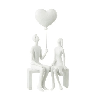 Couple assis avec ballon coeur en synthétique blanc 12x6x24 cm