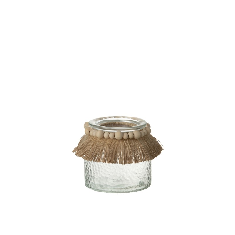 Photophore avec col raffia en verre transparent 12x12x11 cm Photophore avec col raffia en verre transparent 12x12x11 cm