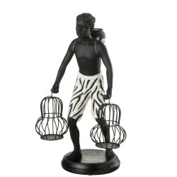 Figura étnica con 2 cestas de material sintético blanco, 22 x 17 x 37 cm