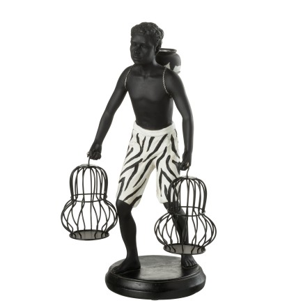 Figura étnica con 2 cestas de material sintético blanco, 22 x 17 x 37 cm
