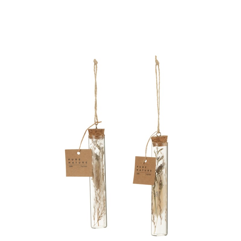 Suspension de 2 tubes avec fleur séchées en verre naturel 2x2x13 cm Suspension de 2 tubes avec fleur séchées en verre naturel 2x2x13 cm