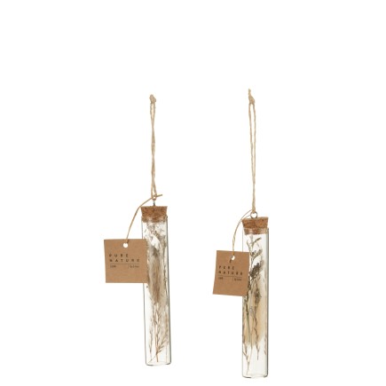 Suspension de 2 tubes avec fleur séchées en verre naturel 2x2x13 cm