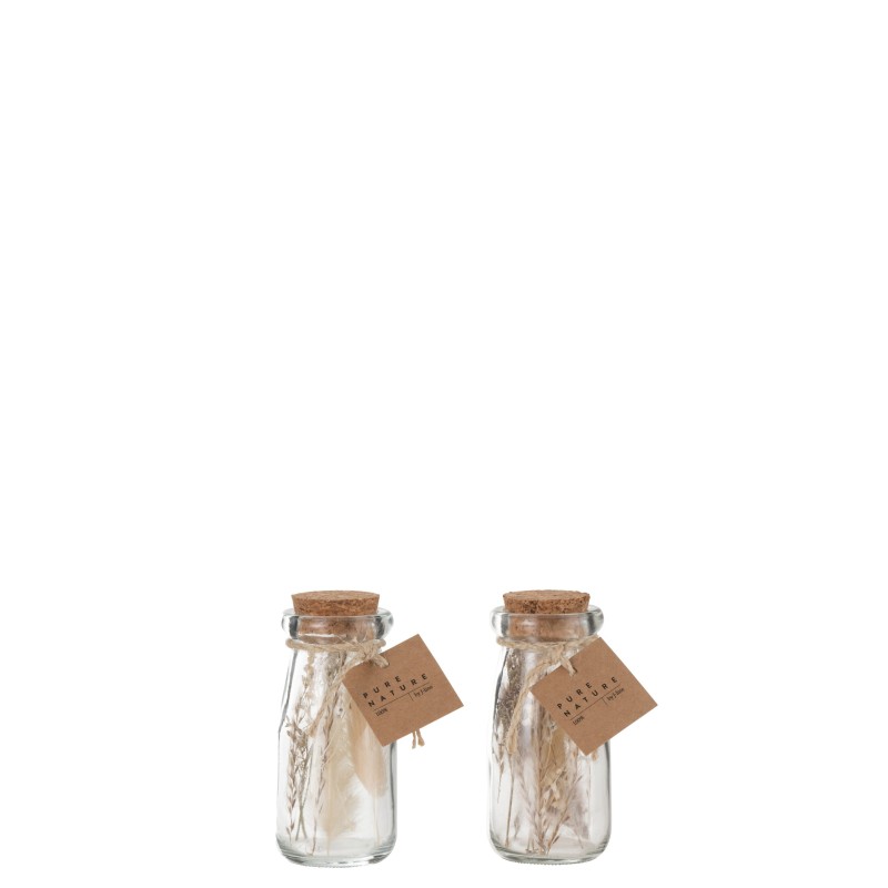 Set de 2 bouteilles fleurs séchées en verre naturel 5x5x10 cm