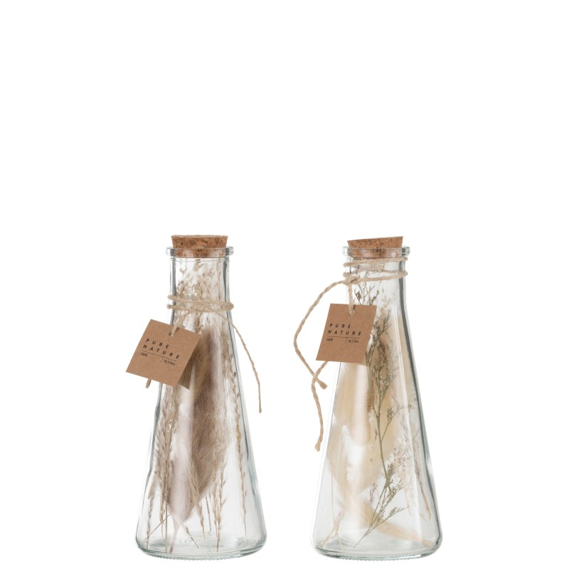 Set de 2 bouteilles fleurs séchées en verre naturel 8x8x19 cm Set de 2 bouteilles fleurs séchées en verre naturel 8x8x19 cm