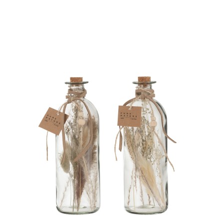 Set de 2 bouteilles fleurs séchées en verre naturel 8x8x21 cm