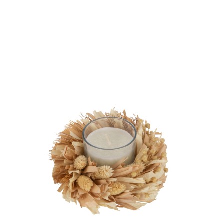 Vela en portavelas con decoración floral en vidrio natural 15x15x8 cm