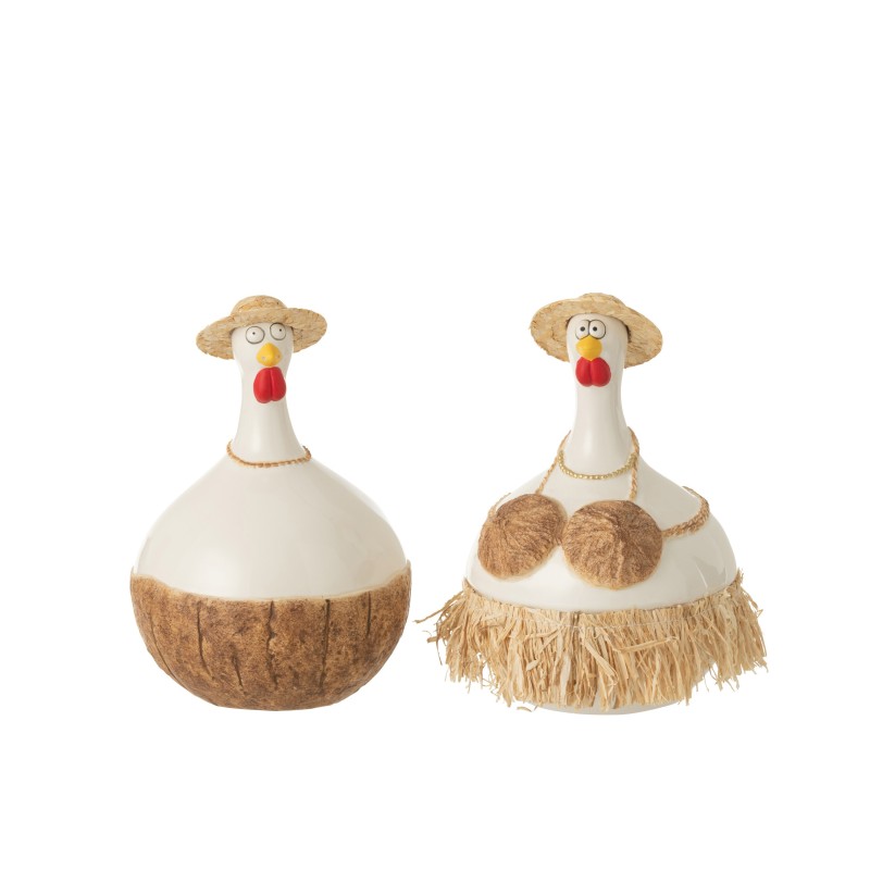 Set de 2 poules noix de coco en céramique multicouleur 16x16x23 cm