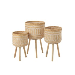 SET 3 PANIERS MOTIFS 3 PIEDS BAMBOU NATUREL/BLANC