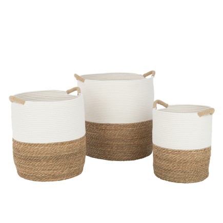 Set de 3 paniers ronds avec anses en textile blanc 37x38x45 cm