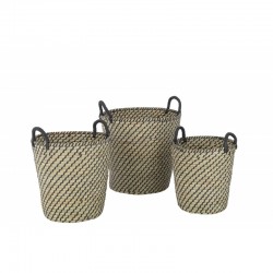 Set de 3 cestas redondas con asas de madera natural 38x38x44 cm