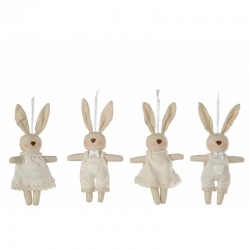 Set de 4 lapins suspendus en textile blanc 10x20x3 cm