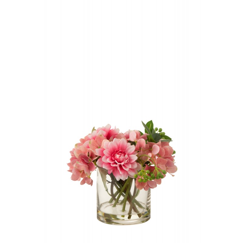 Dahlia hortensia artificiel dans vase en textile rose 20x20x25 cm