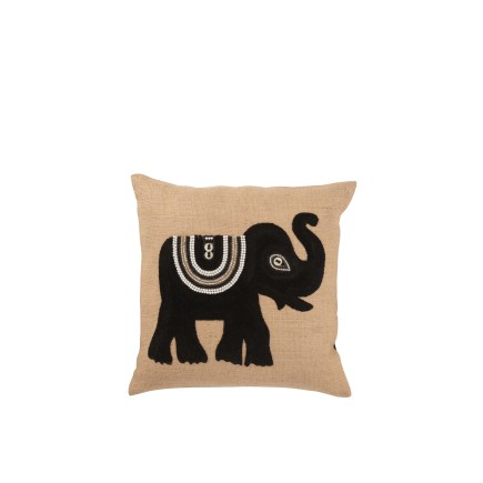 Cojín con elefante negro en algodón beige 45 x 45 x 11 cm