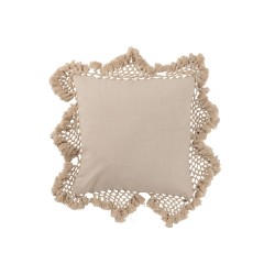 Coussin avec bords franges en coton beige 62x62x10 cm