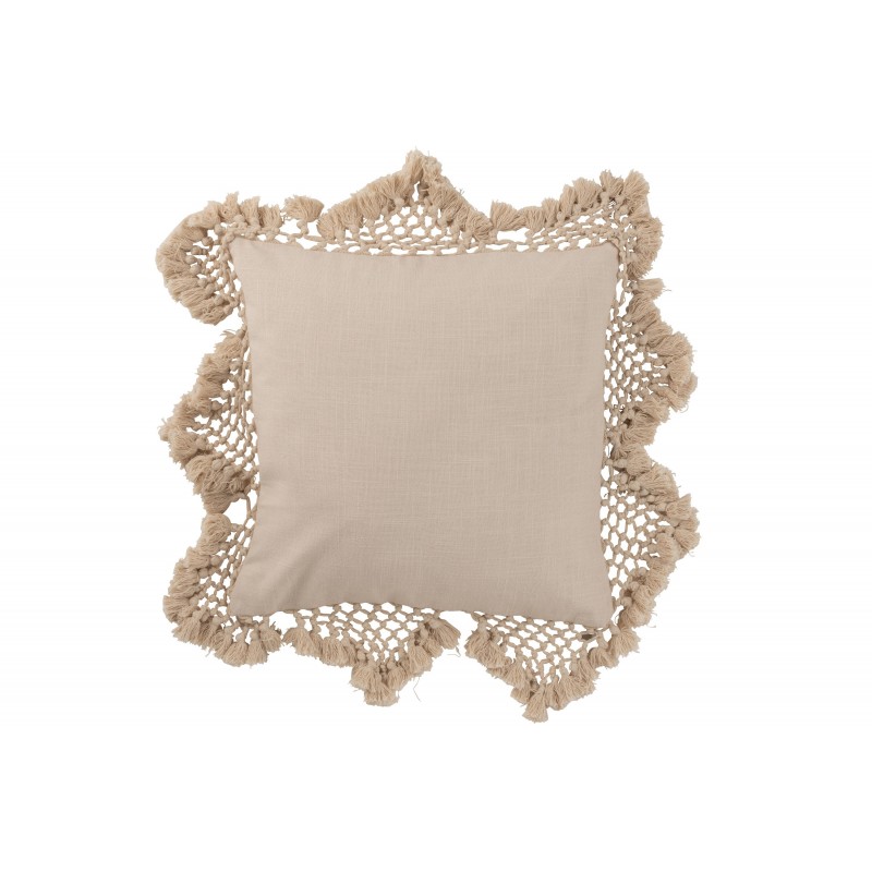 Coussin avec bords franges en coton beige 62x62x10 cm