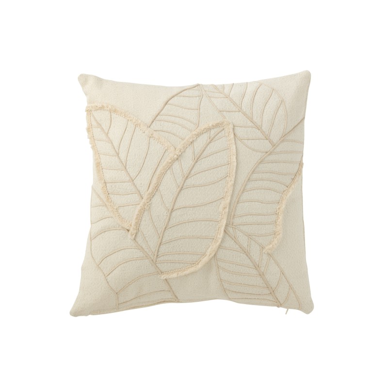 Cuscino quadrato con motivo a foglie in tessuto bianco 43x43x10 cm Cuscino quadrato con motivo a foglie in tessuto bianco 43x43x10 cm