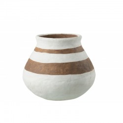 Vase bas avec bandes marron en céramique blanc 28x28x25 cm