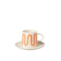 Taza con platillo de porcelana naranja 16x16x9 cm