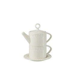 Tetera con taza y platillo de cerámica blanco de 18x17x22 cm