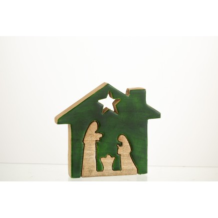 Puzzle de casa de madera verde para el pesebre de 19x16x4 cm