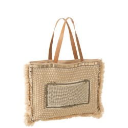 Sac de plage avec bord en coton beige et blanc