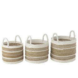 Conjunto de 3 cestas rayadas de rafia blanca y natural de 35 a 42 cm de diámetro