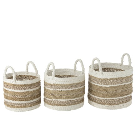 Conjunto de 3 cestas rayadas de rafia blanca y natural de 35 a 42 cm de diámetro