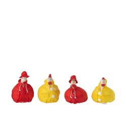 Set de 4 poules avec imperméable en céramique jaune et rouge 9x9x9 cm