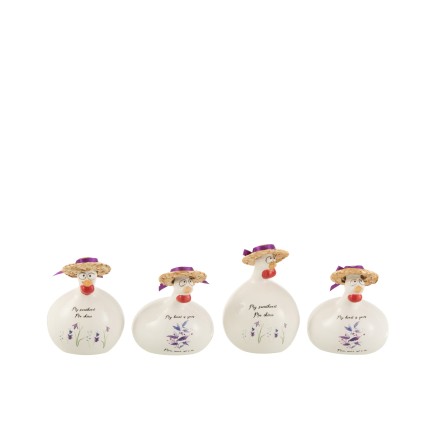 Set de 4 poules avec dicton et chapeau en céramique mauve 9x9x9 cm