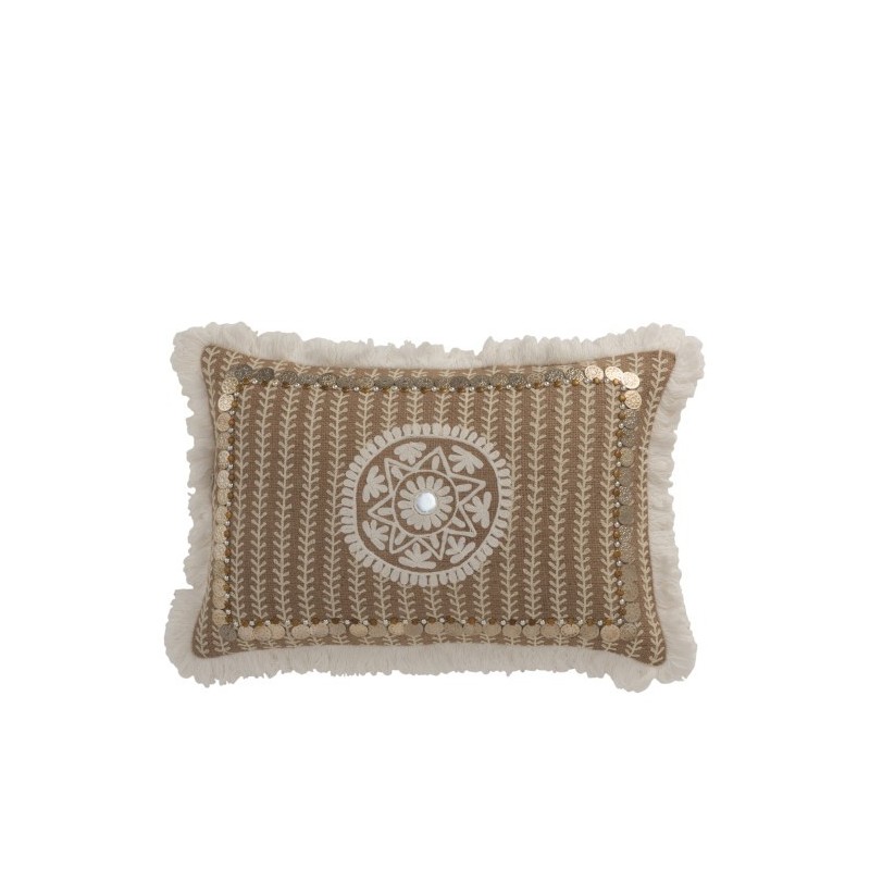 Coussin rectangulaire avec bord en franges et motifs en jute naturel 49x31cm