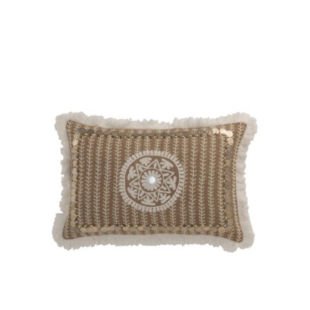 Coussin rectangulaire avec bord en franges et motifs en jute naturel 49x31cm