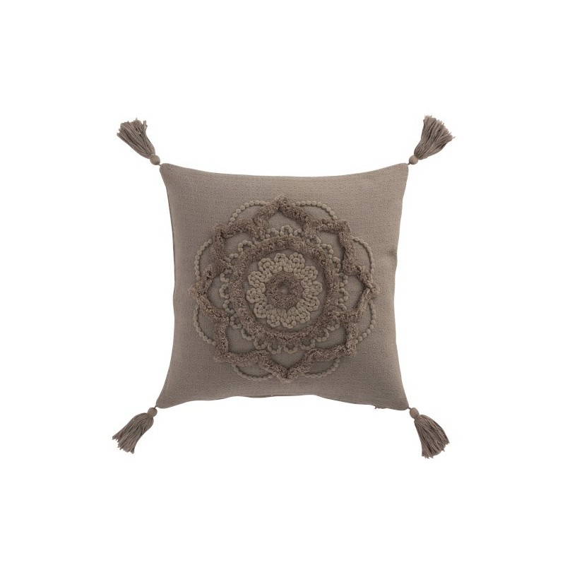 Coussin carré avec motif fleur et floches en coton taupe 45x45cm