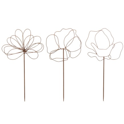 Lot de 3 décorations de jardin fleur en métal marron 35x1x73 cm